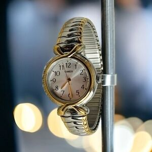 Women's Timex T21854 Pleasant Street Two-Tone Watch White Dial Expansion Band G